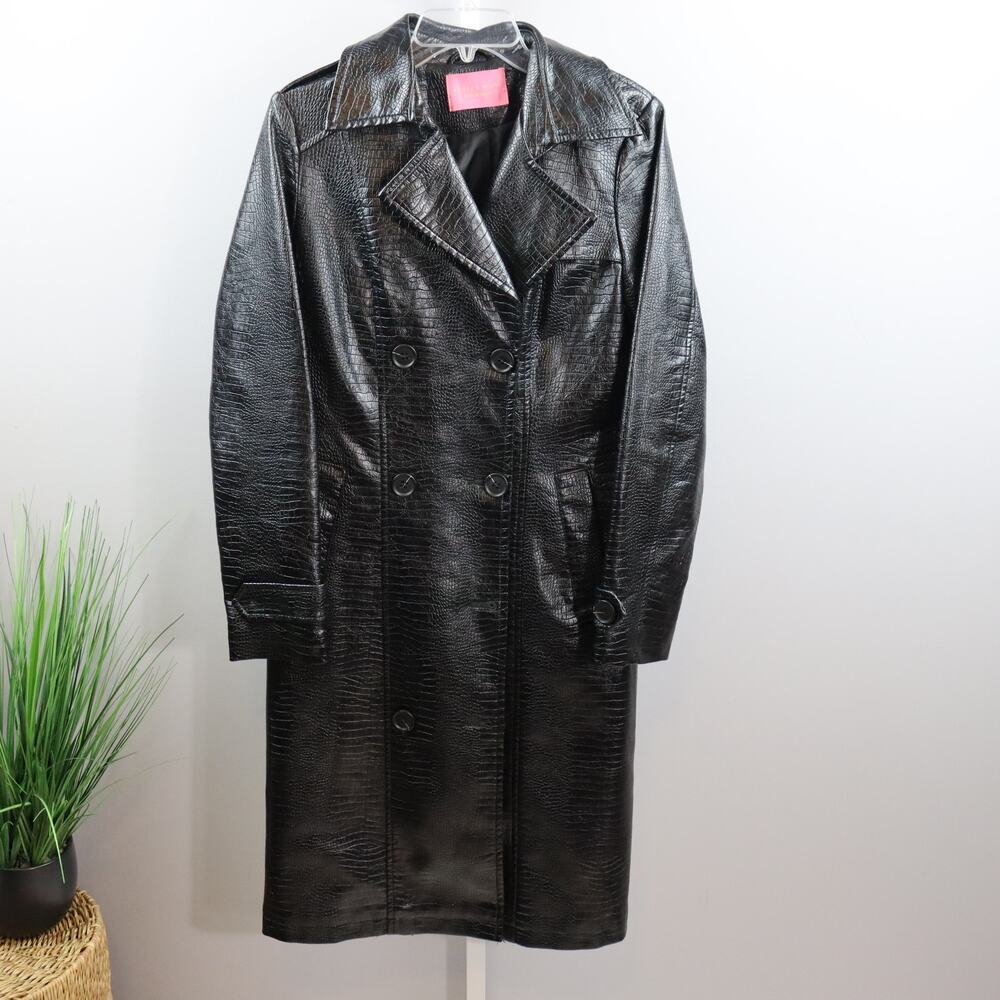 Azalea Wang Black Faux Leather Trench Coat M Croc Embossed Long Jacket‎